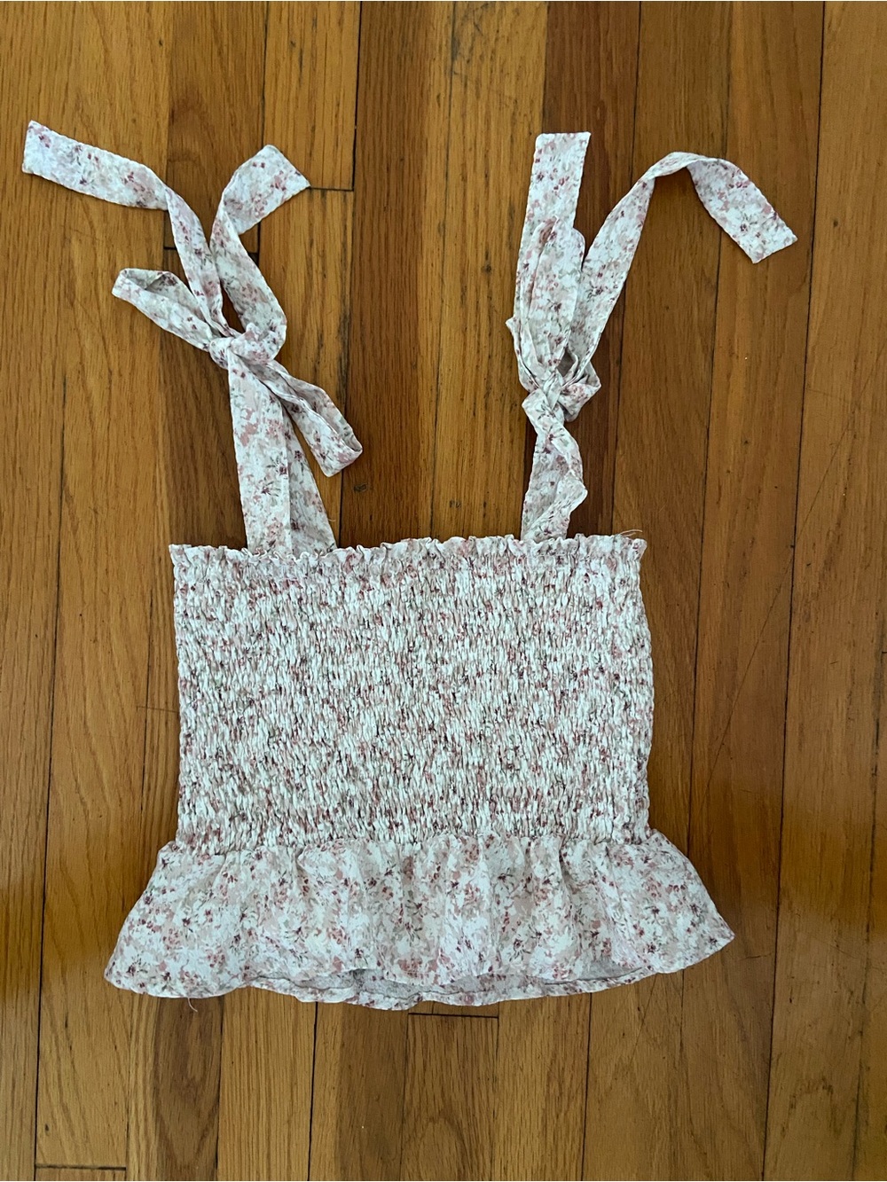 Paper Crane White Floral Smocked Tie-Strap Crop Top